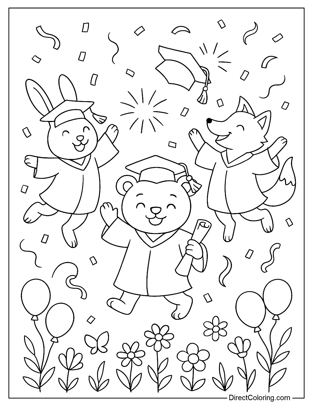 coloring page of a parade of cute animals wearing graduation gowns, dancing in celebration